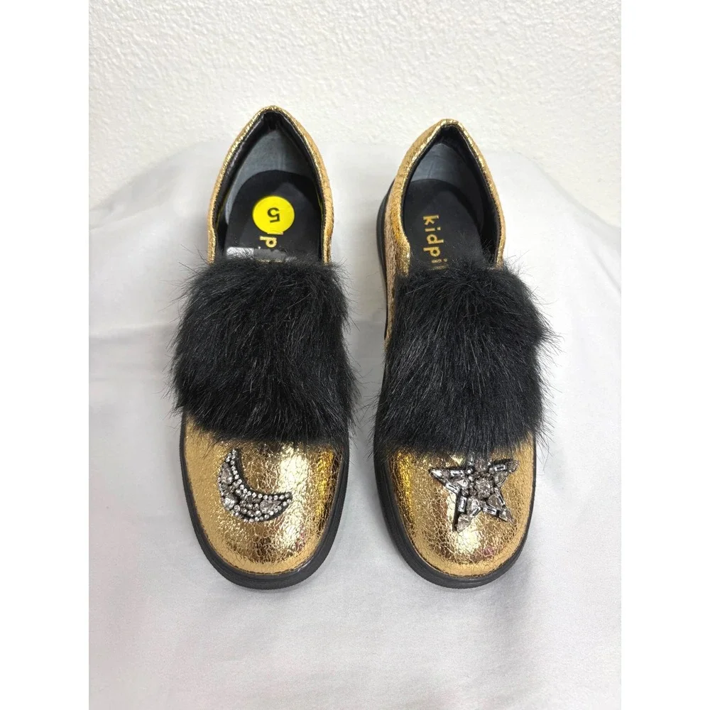 NEW Shiny Gold Celestial Sun & Moon‎ Furry Slip On Shoes Girls Size 5 Statement